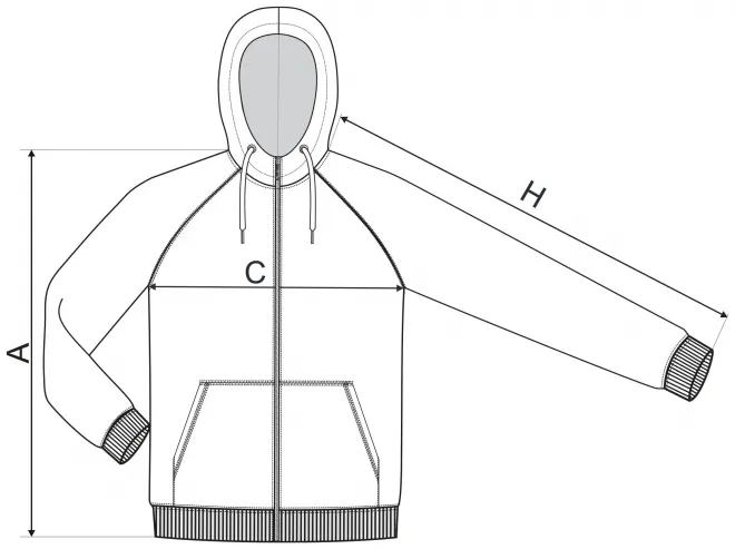 Miesten kontrastihuppari, jossa huppu - mitat taulukko