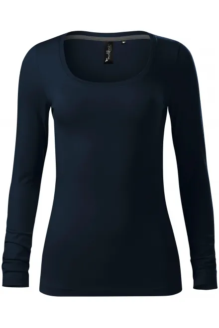 Naisten T-paita, jossa pitkät hihat ja syvempi pääntie - tummansininen, XS